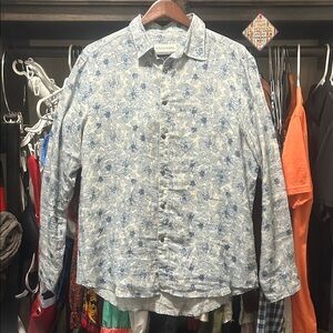 Coastaoro Sz L Men's Blue Linen Long Sleeve Floral Shirt GUC